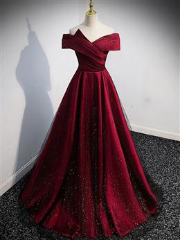 Picture of Gorgeous Wine Red Color Satin Off Shoulder Party Dresses , Pretty Wine Red Color Prom Dress